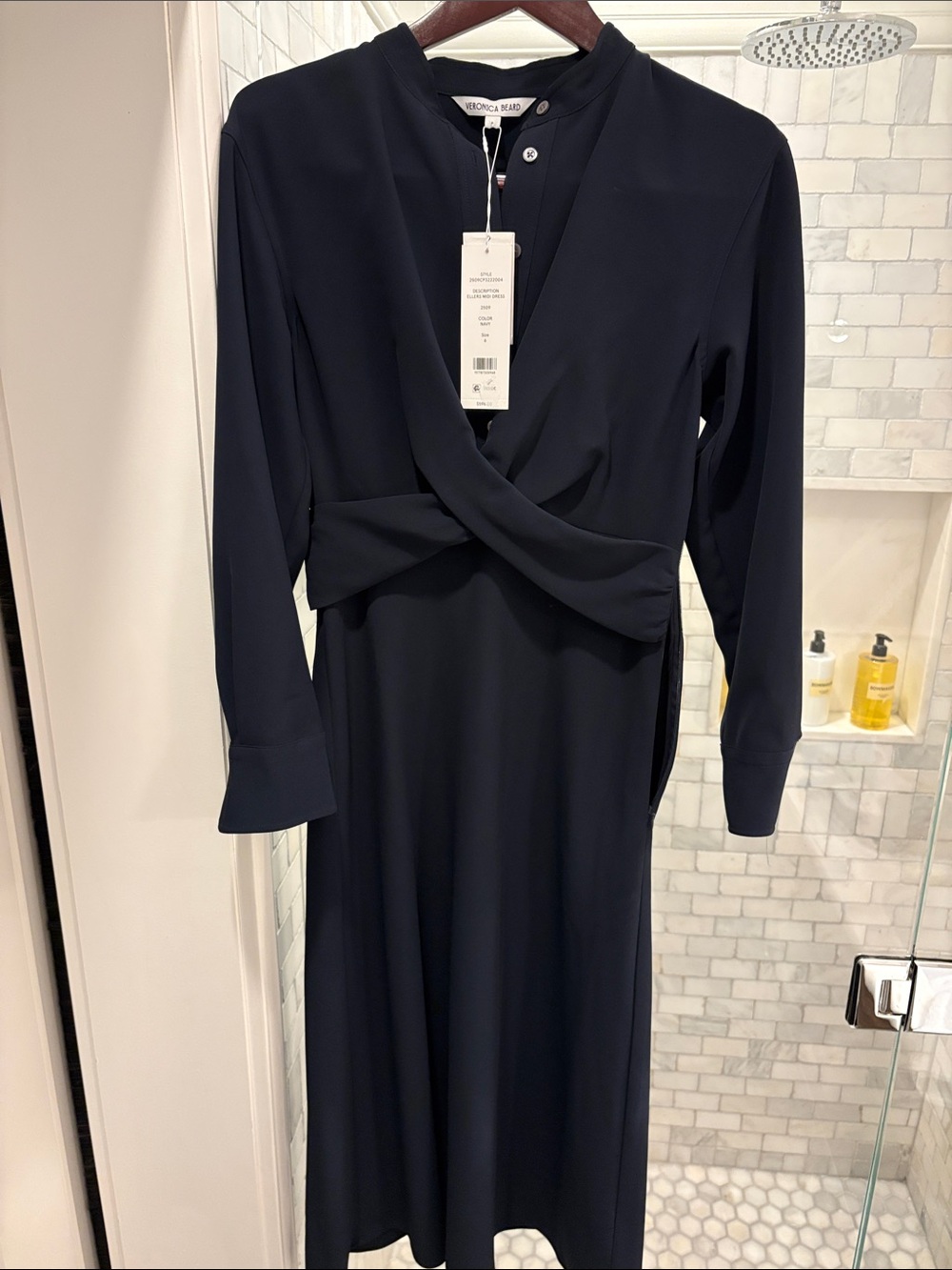 Veronica Beard Navy Twist-Front Long Sleeve Dress
